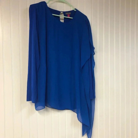 Vince Camuto Asymmetrical Hem Blouse Large Blue Chiffon Mixed Fabric - Picture 2 of 4